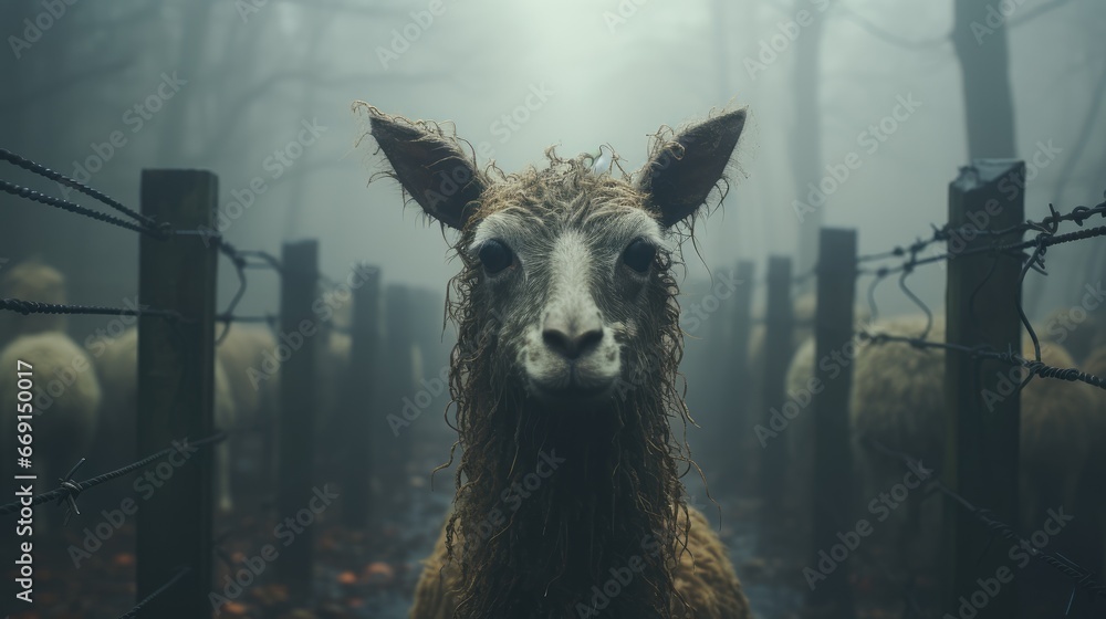 Aufkleber a herd of sheep standing next to each other on a forest filled with tall grass and fenced in with ba