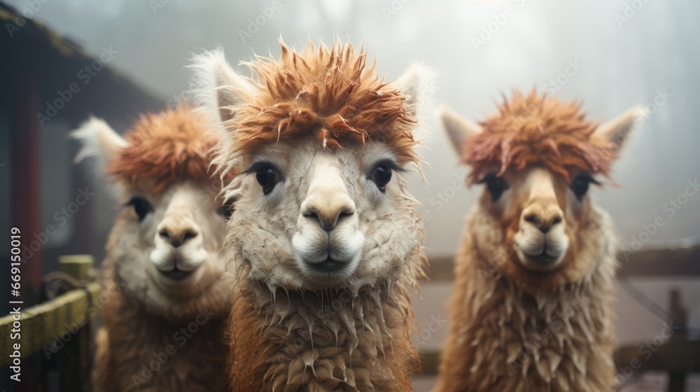 Poster a group of three alpacas standing next to each other in front of a fenced in area with a building in