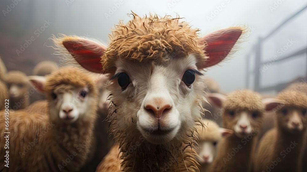 Poster a herd of sheep standing next to each other on top of a lush green field in front of a fenced in are