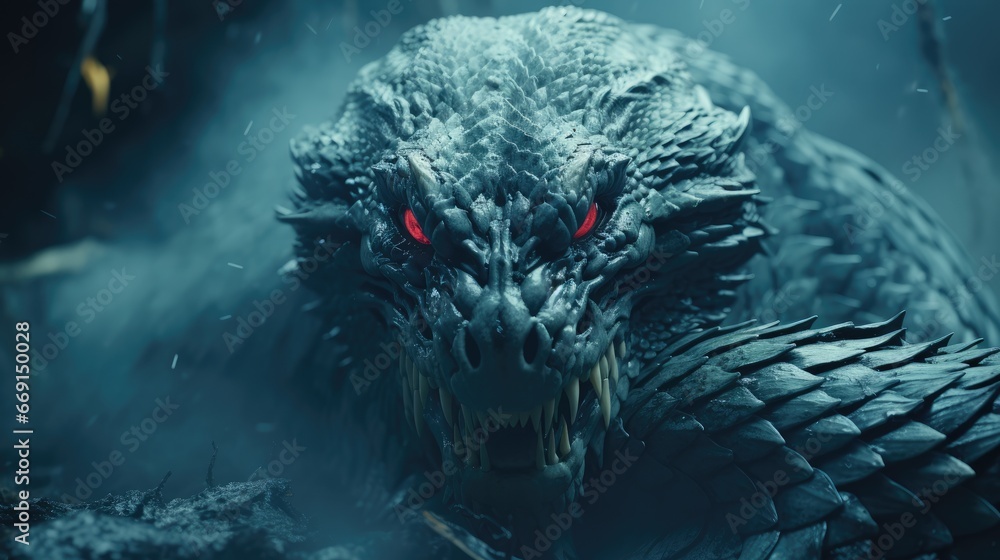 Poster a close up of a creature with red eyes in a foggy area with trees and bushes in the foreground, and 
