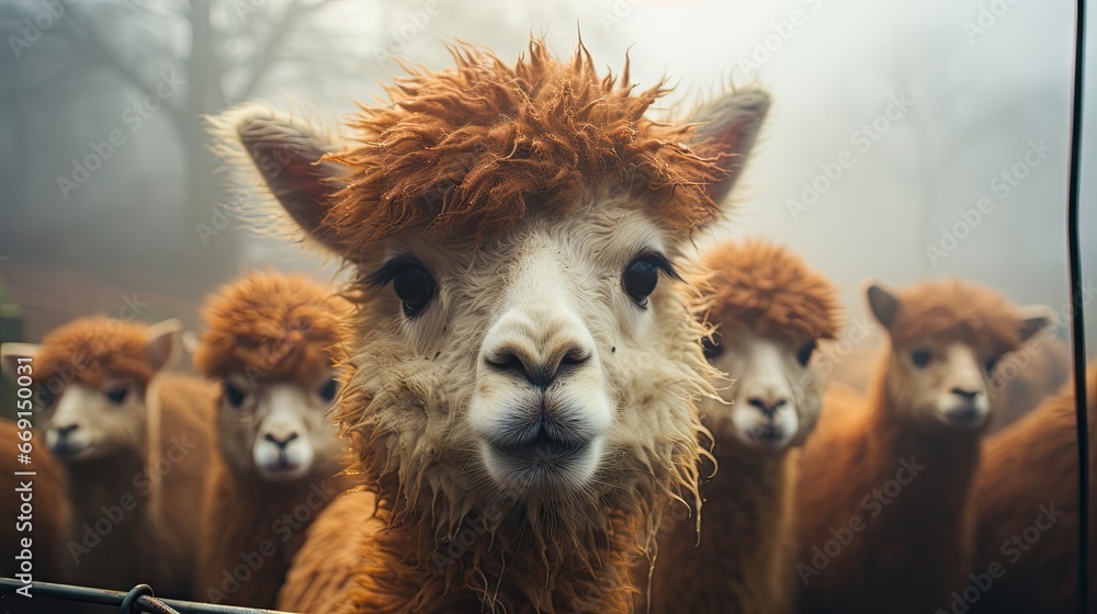 Poster a herd of sheep standing next to each other on top of a lush green field with trees in the backgroun