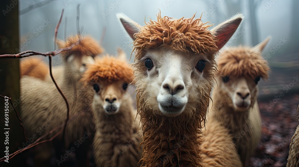 Poster a herd of alpacas standing next to each other on a forest floor in front of a foggy forest with no l
