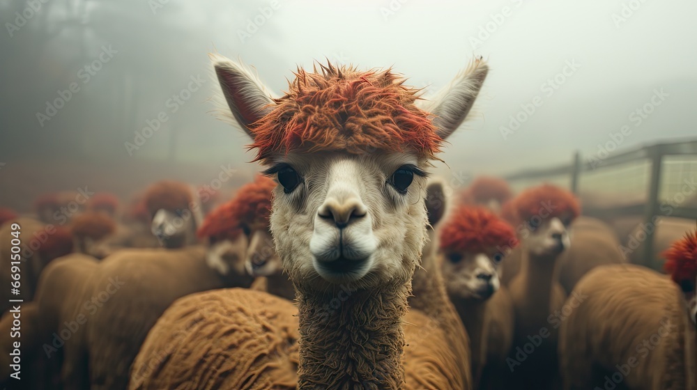 Poster a herd of llamas with red hair standing next to each other in a fenced in area with a wire fence in 