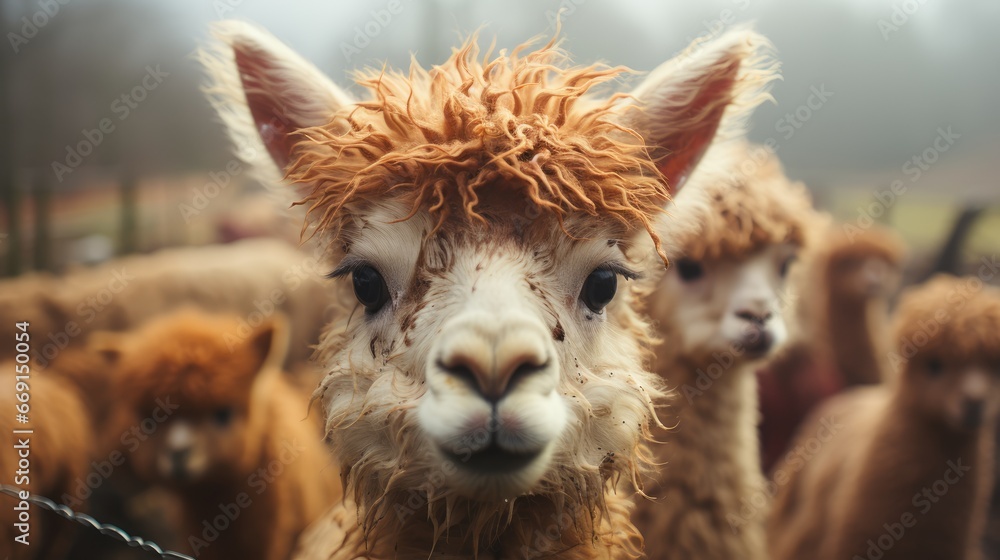 Poster a herd of llamas standing next to each other in a fenced in area with a chain link fence in front of