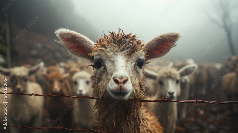 Poster a herd of sheep standing next to each other behind a barb wire fence with a foggy sky in the backgro