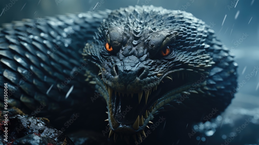 Poster a close up of a dragon's face on a dark background with rain falling down on it's head and it's eyes