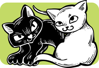 Cute cats friends sitting together. Decorative border, banner, postcard, poster print for kids room or birthday. Logo design for veterinary. Hand drawn illustration. Cartoon character vector drawing.