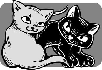 Cute cats friends sitting together. Decorative border, banner, postcard, poster print for kids room or birthday. Logo design for veterinary. Hand drawn illustration. Cartoon character vector drawing.