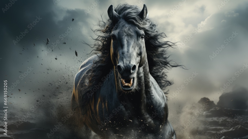 Poster a painting of a horse running through a field of grass in front of a dark sky with clouds and birds 