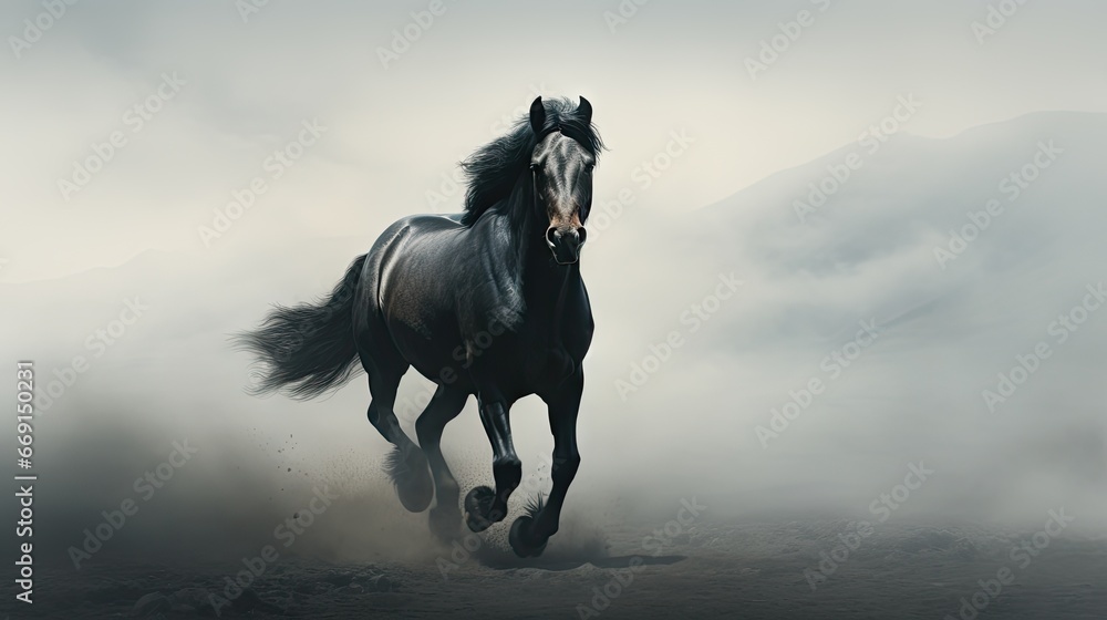 Poster a black horse is galloping through a foggy field with mountains in the background in the distance is