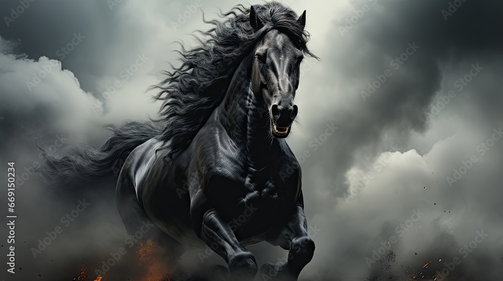 Poster a painting of a black horse running through a field of grass in front of a cloudy sky with dark clou
