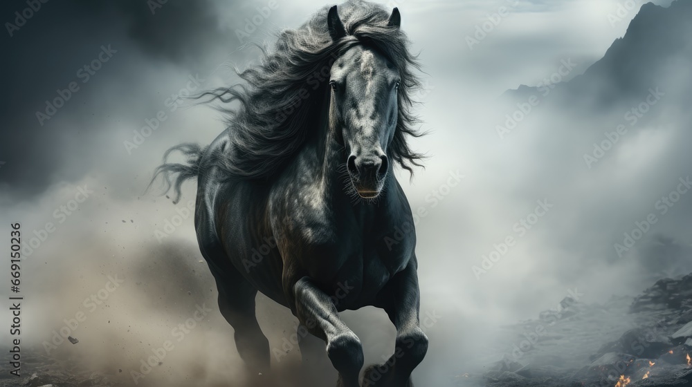 Poster a painting of a horse running through a field of grass with a dark sky in the background and clouds 