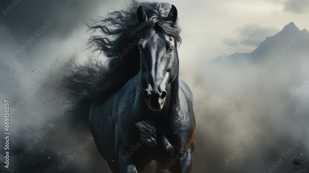 Poster a painting of a black horse running through a field of grass with a mountain in the distance in the 