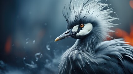  a close up of a bird with a lot of hair on it's head and a lot of water on it's face and a blurry background.  generative ai