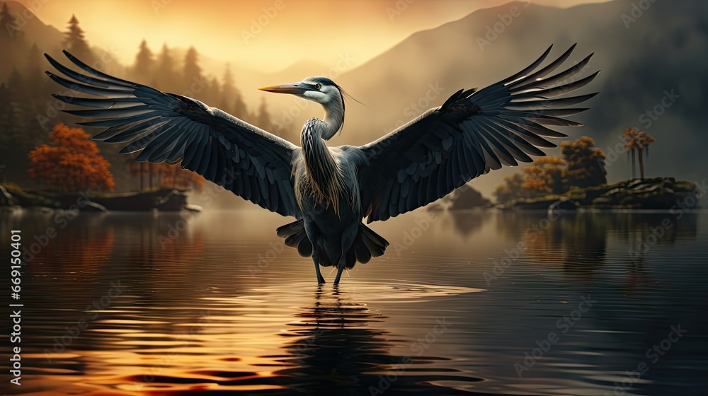 Poster a painting of a bird with its wings spread over a body of water with trees in the background and a m