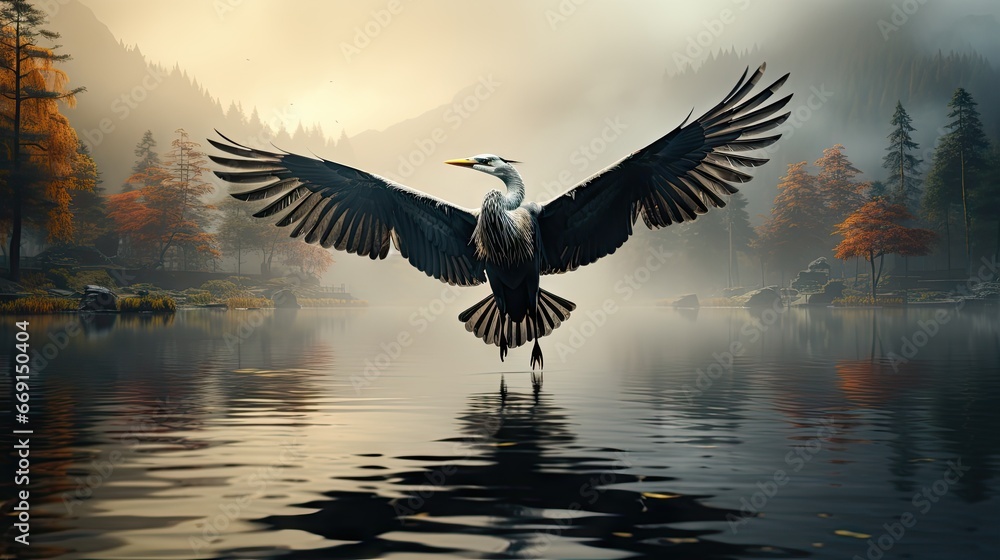 Poster a bird spreads its wings while standing on a body of water in the middle of a foggy forest with a la
