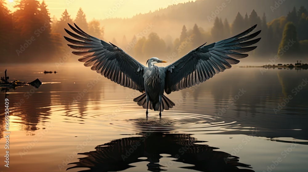 Poster a bird that is standing in the water with its wings spread and it's reflection in the water is in th