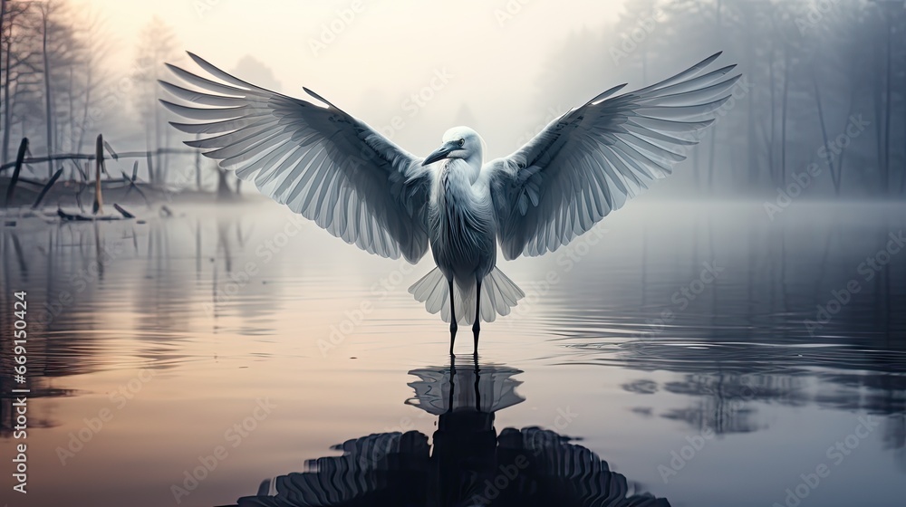 Poster a white bird standing on a body of water with its wings spread in front of a body of water with tree