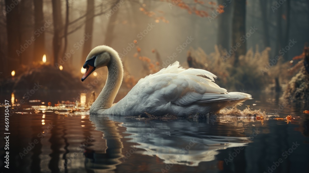 Poster a white swan floating on top of a lake in a forest next to a forest filled with lots of trees and a 