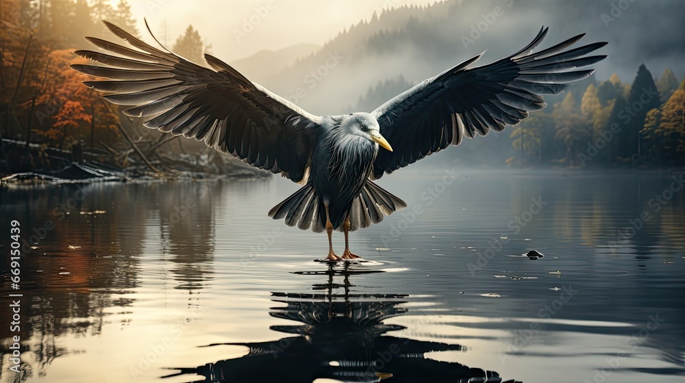 Poster  a bird spreads its wings while standing on a body of water in front of a mountain range with trees and a bird in the foreground is reflected in the water.  generative ai