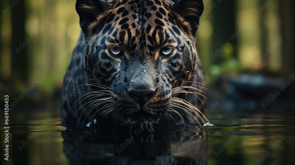 Poster a close up of a body of water with a large animal in it's face and it's face partially submerged in 