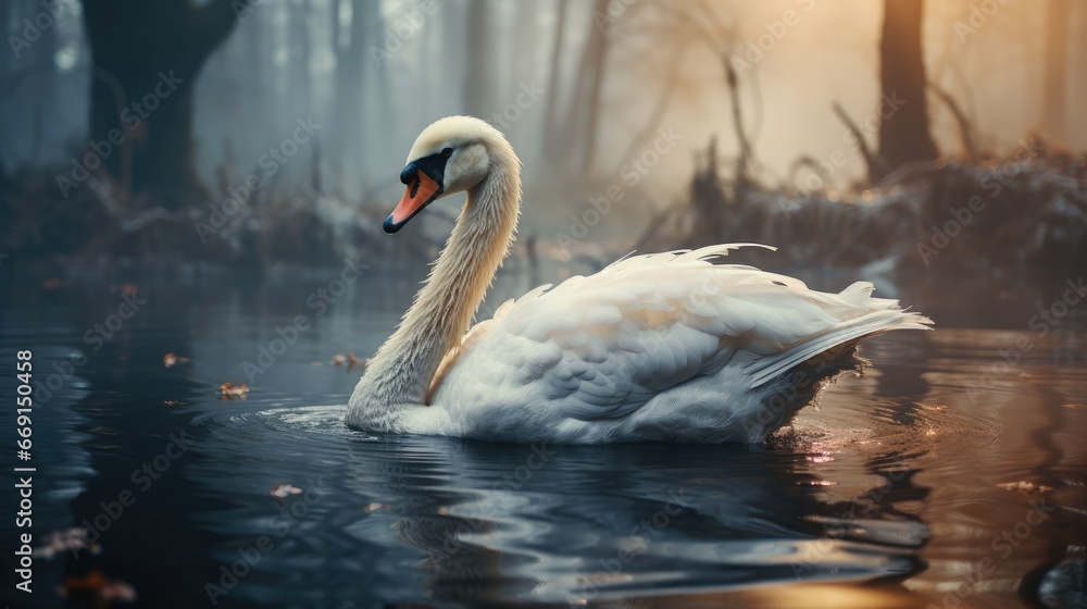 Poster a white swan floating on top of a lake next to a forest filled with lots of tall grass and tall gras
