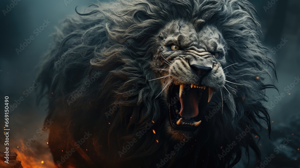 Poster a close up of a lion with it's mouth open and it's mouth wide open with it's mouth wide open and it'