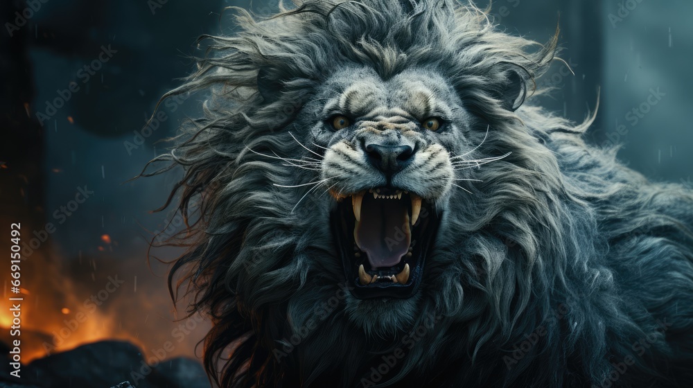 Poster a close up of a lion with it's mouth open and it's mouth wide open with it's mouth wide open and it'