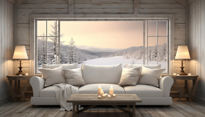 Fototapeta na wymiar Scandinavian living room illustration. warmth at comfortable home. Winter outside in windows. Nordic style 3D interior with furnishing on background winter landscape trough window. Cozy cottage