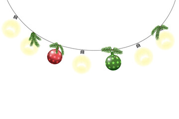 Garland isolated on a transparent background. Glowing lights with realistic Christmas decor elements, Christmas ornament balls with fir branches. 