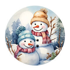 Winter landscape with cute snowman in a round frame, isolated on transparent background. Watercolor clip art for design, invitation, greeting card or template. Xmas and New Year concept