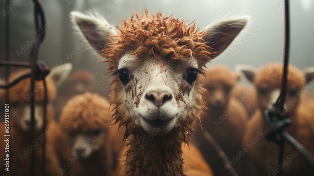 Poster a close up of a llama's face with a lot of other llama's in the background in a foggy, foggy, foggy 
