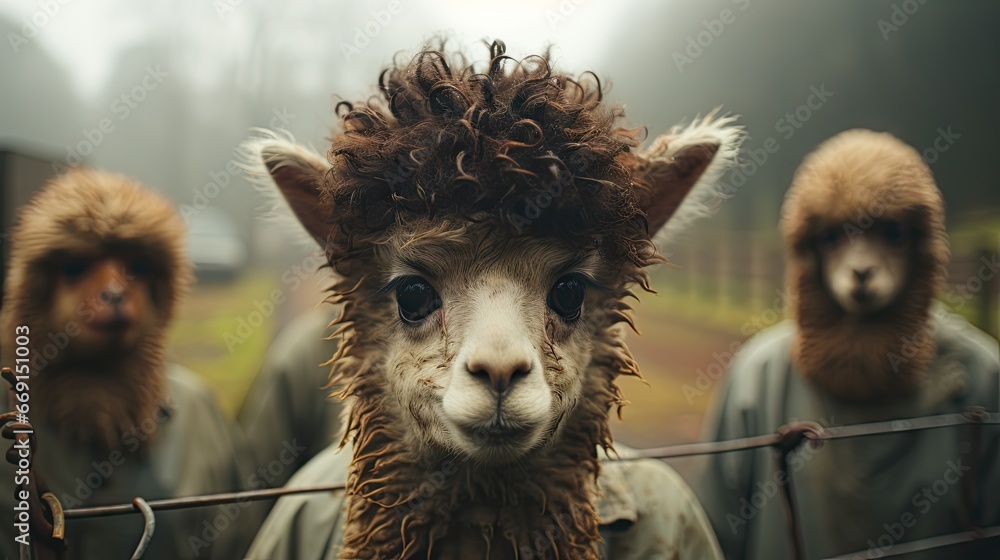 Aufkleber a close up of a llama behind a fence with two other llamas in the background and one of the llamas h