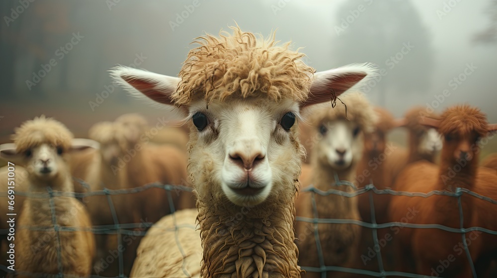 Poster a herd of sheep standing next to each other in a fenced in area with a wire fence and a wire fence b