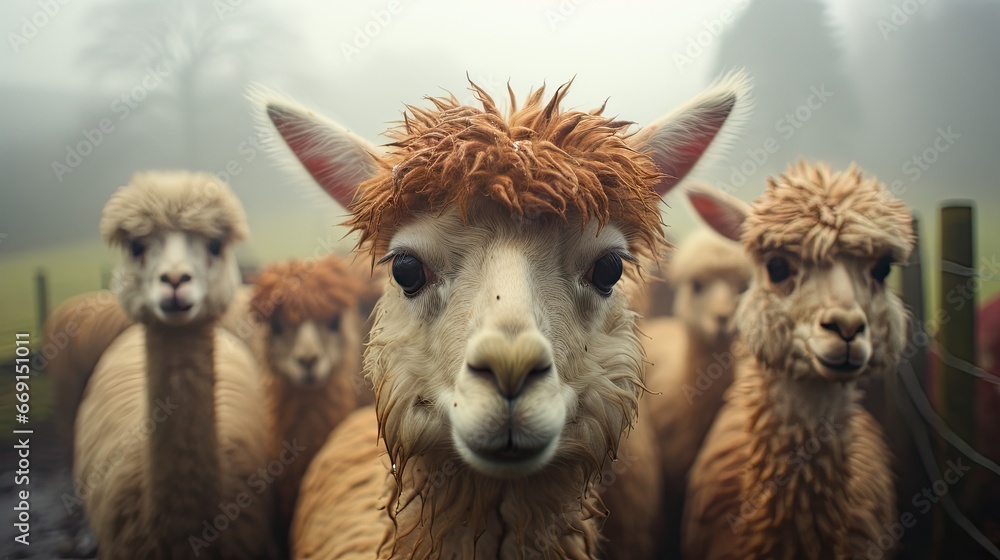 Poster a herd of llamas standing next to each other in a field on a foggy day with one looking at the camer
