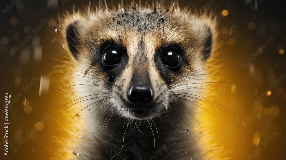 Poster a close up of a racoon looking at the camera with rain coming down on it's face and a blurry backgro