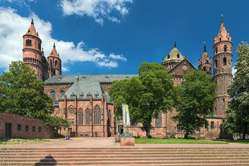 Worms Cathedral, Germany. The cathedral was built from about 1130 to 1181. This is one of the three Rhenish imperial cathedrals besides the Mainz Cathedral and Speyer Cathedral. - 669151070
