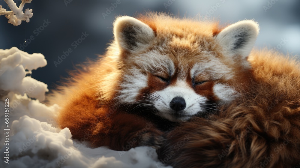 Poster a red fox sleeping in the snow with its head on another fox's back, with it's eyes closed and it's h