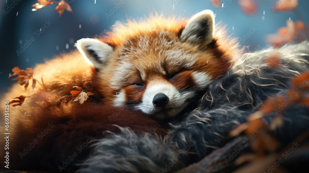 Poster  a close up of a red fox laying on top of a pile of leaves with it's head resting on the back of another one of it's head.  generative ai