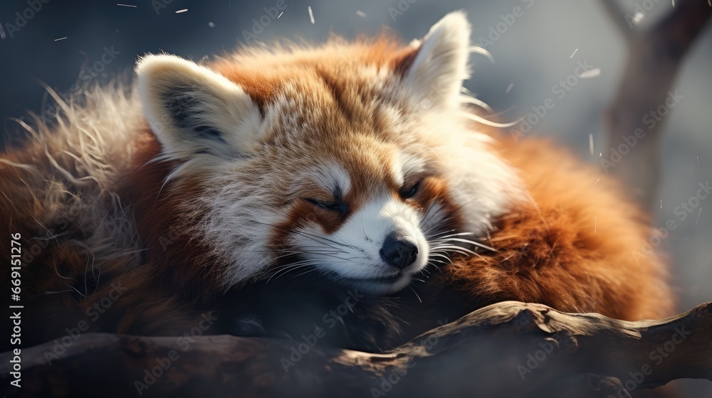 Poster a close up of a red fox laying on a tree branch with it's head resting on a branch with its eyes clo