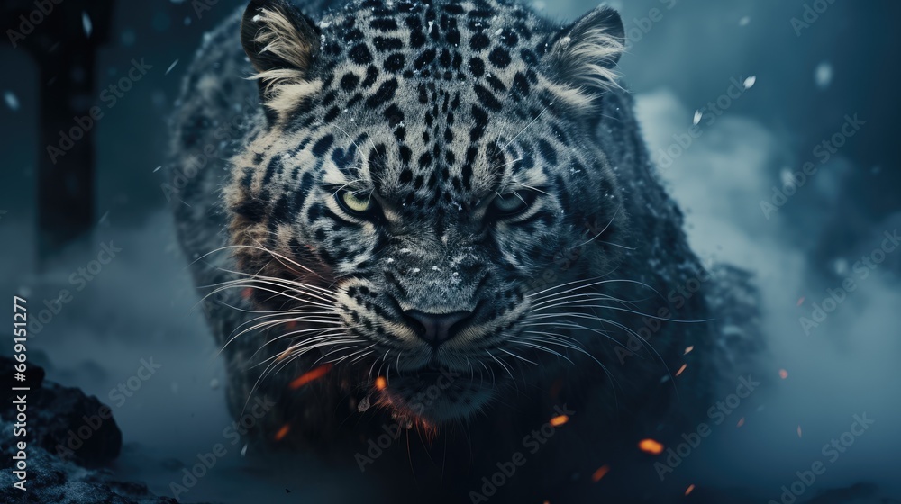 Poster a close up of a snow leopard walking in the snow with a fire coming out of it's mouth and a blurry b