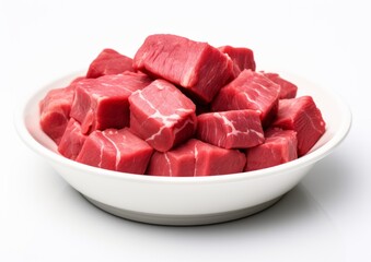 Fresh raw beef in ceramic plate on white background isolated