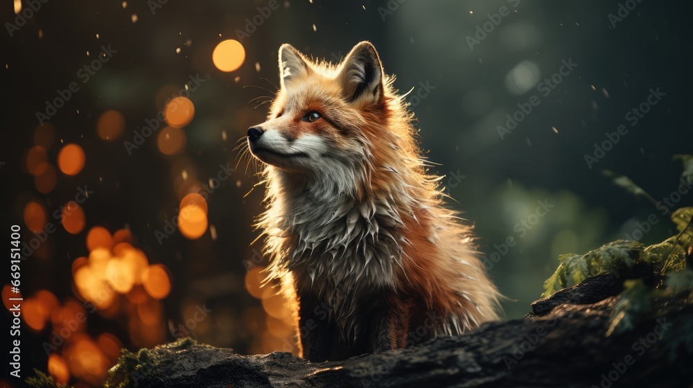 Poster a close up of a fox sitting on a tree branch in the rain with a blurry background of boke of light c