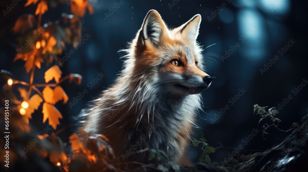 Poster  a close up of a fox on a tree branch with a blurry background of leaves and a tree branch with a glowing light in the middle of the fox's eyes.  generative ai