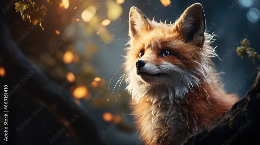 Poster  a close up of a fox on a tree branch with blurry lights in the background and a blurry image of a leafy tree in the foreground.  generative ai