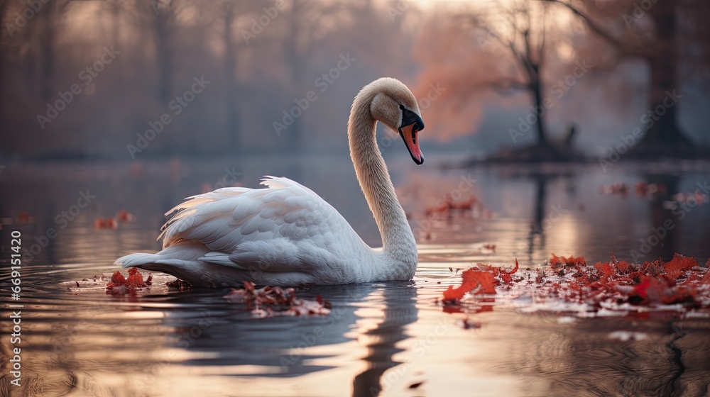 Poster a white swan floating on top of a lake next to a forest filled with lots of leaf covered trees and a