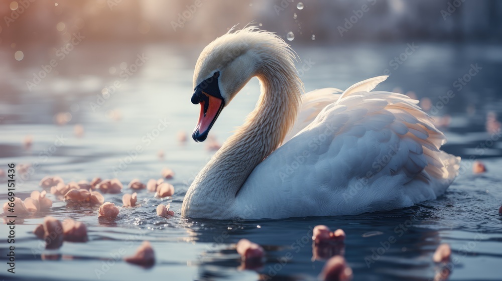 Poster a swan floating on top of a body of water next to a bunch of small rocks on the side of a body of wa