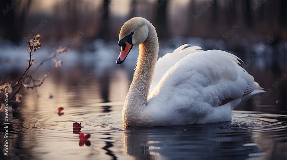 Poster a white swan floating on top of a body of water next to a forest covered in leaves and branches with