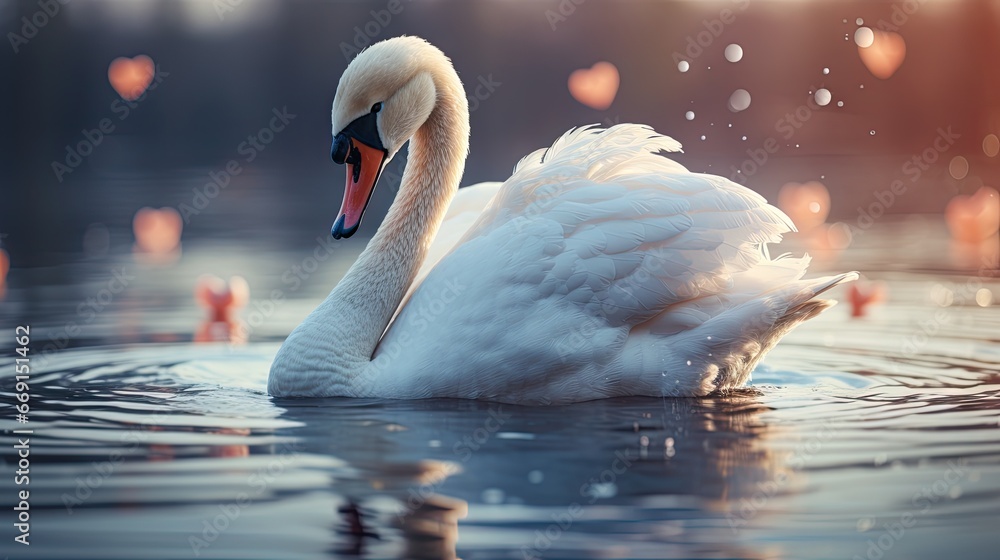 Poster a white swan floating on top of a lake next to a shore filled with floating hearts in the sky and on
