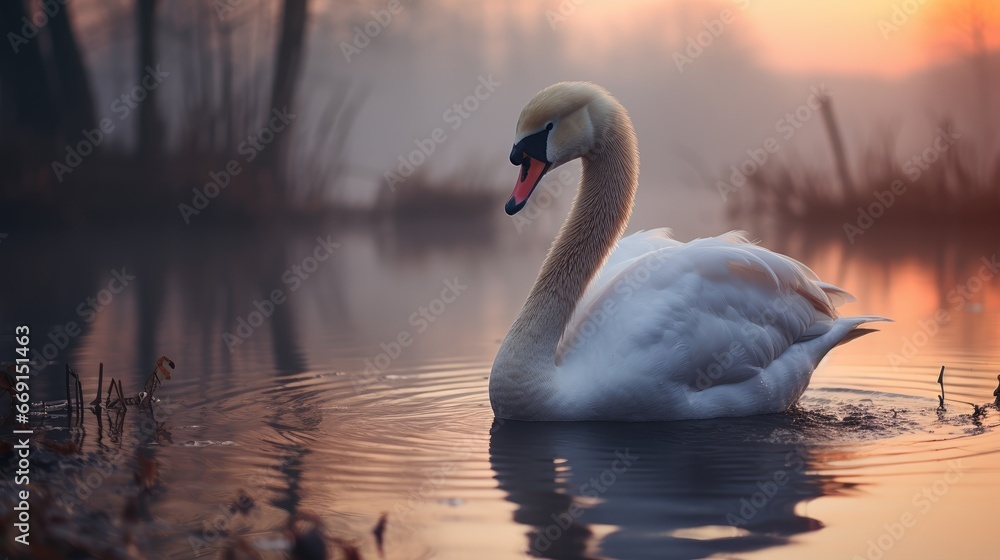 Poster a white swan floating on top of a lake surrounded by tall grass and reeds in the background at sunse